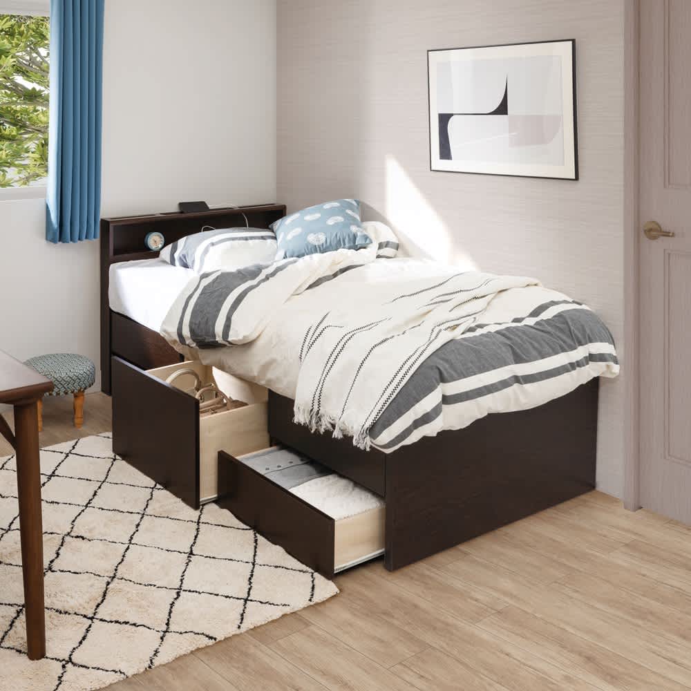 省スペース対応コンパクトチェストベッド 棚付き（国産ボンネルコイルマットレス付き）【ショート/レギュラー】