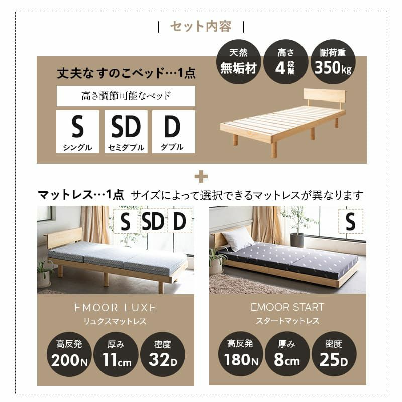 すのこベッド 3つ折りマットレス 2点セット シングル セミダブル ダブル ( 丈夫なすのこベッド / EMOOR START / EMOOR LUXE ) [2]
