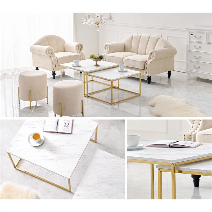 【送料無料】幅66 幅60 テーブル ネストテーブル センターテーブル サイドテーブル ソファテーブル ローテーブル 机 おしゃれ おすすめ 安い 2点セット 入れ子式 大理石調 大理石柄 かわいい 大人可愛い 一人暮らし コンパクト マーブルホワイト [3]
