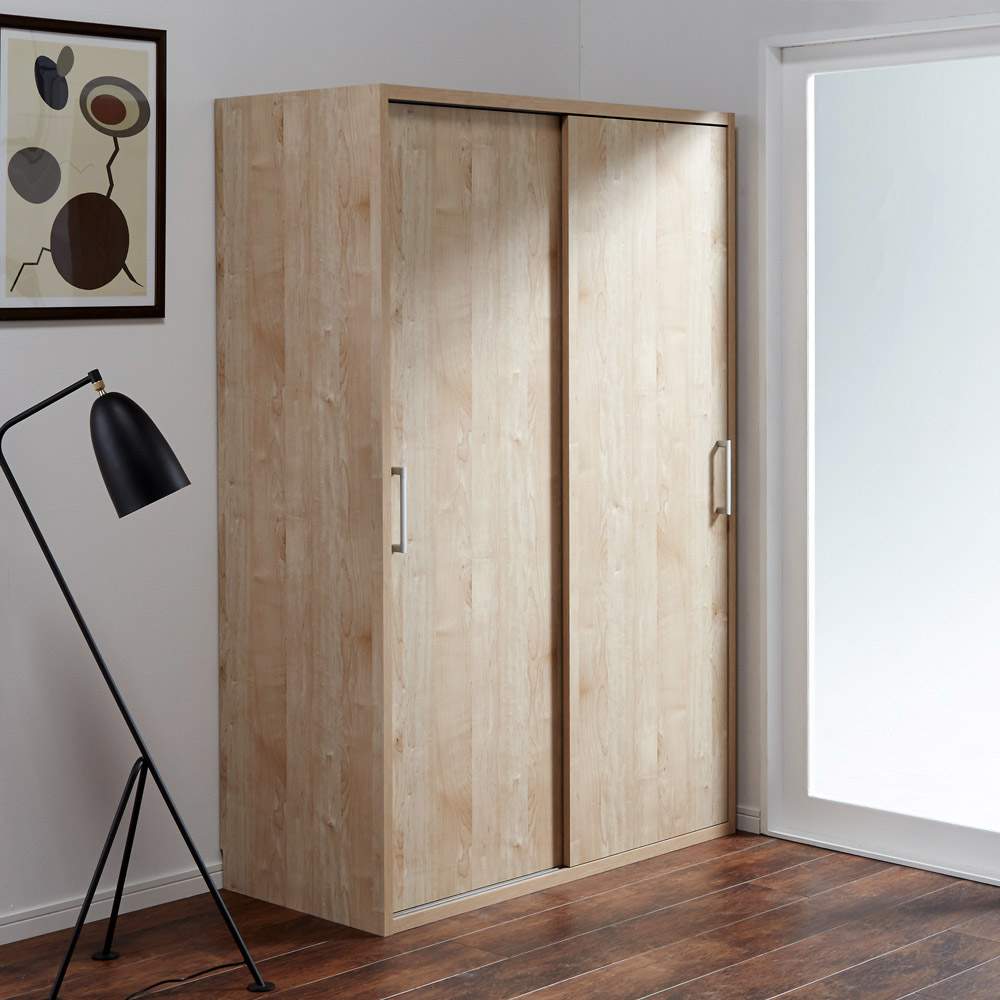 【オシャレな北欧風デザイン】天然木調 引き戸クローゼットハンガー 幅120cm