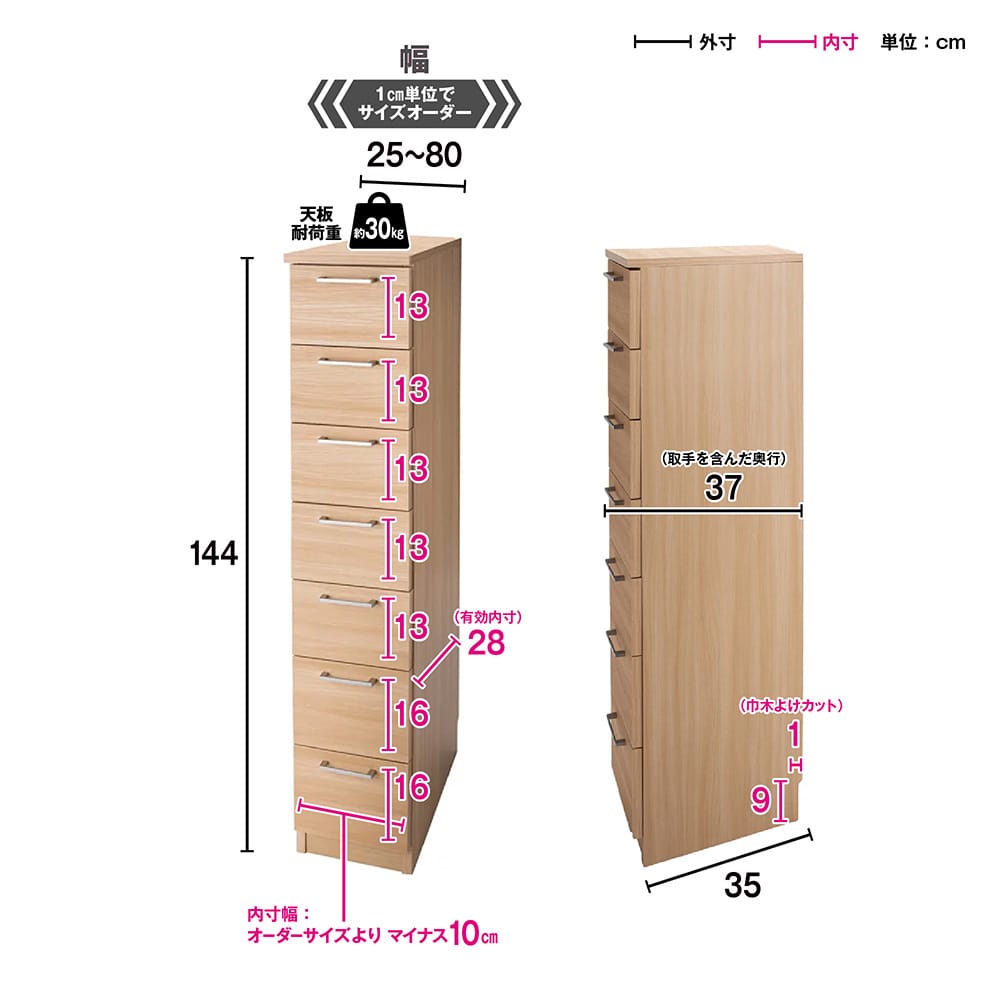【日本製】色は5色展開！幅が1cm単位でオーダーできるサイズオーダーチェスト 7段（高さ144cm）・奥行35cm・幅25〜80cm [2]
