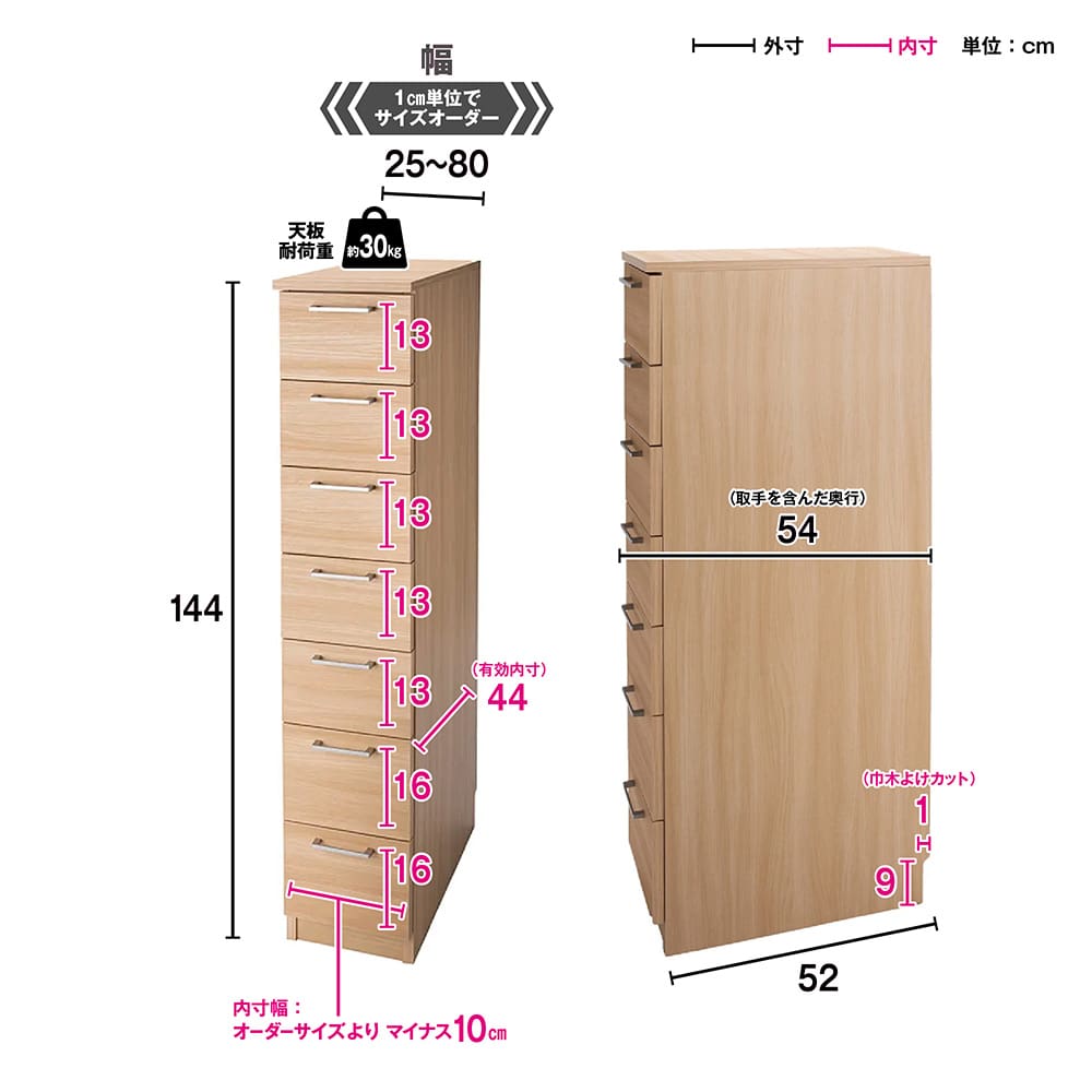 【日本製】色は5色展開！幅が1cm単位でオーダーできるサイズオーダーチェスト 7段（高さ144cm）・奥行52cm・幅25〜80cm