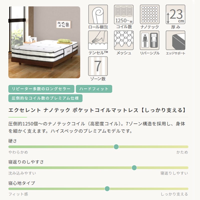 【圧倒的なコイル数】ポケットコイルマットレス　ナノテックエクセレント [2]