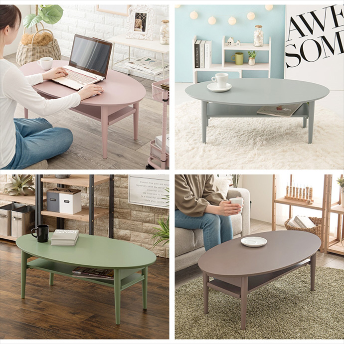 【送料無料】幅90 テーブル 折りたたみ式 センター ロー オーバル リビング 木製 折れ脚 収納 棚付き コンパクト 省スペース くすみカラー アースカラー 可愛い かわいい 楕円型 丸 滑り止め付き 作業机 スモーキーピンク [3]