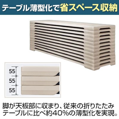 折りたたみテーブル PET 会議テーブル 省スペース収納 棚付き 脚部キャッチロック国産 幅1800×奥行500×高さ700mm [3]
