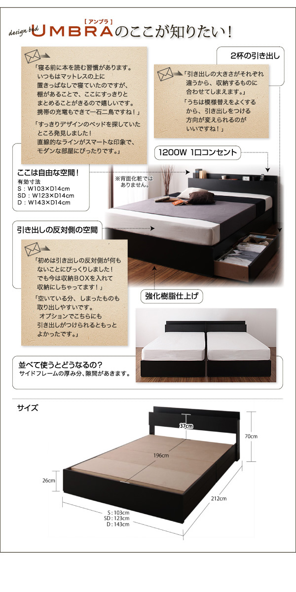 【送料無料】セミダブル Umbra 引出し・コンセント付きベッド シンプル 幅123cm 強化樹脂 [5]