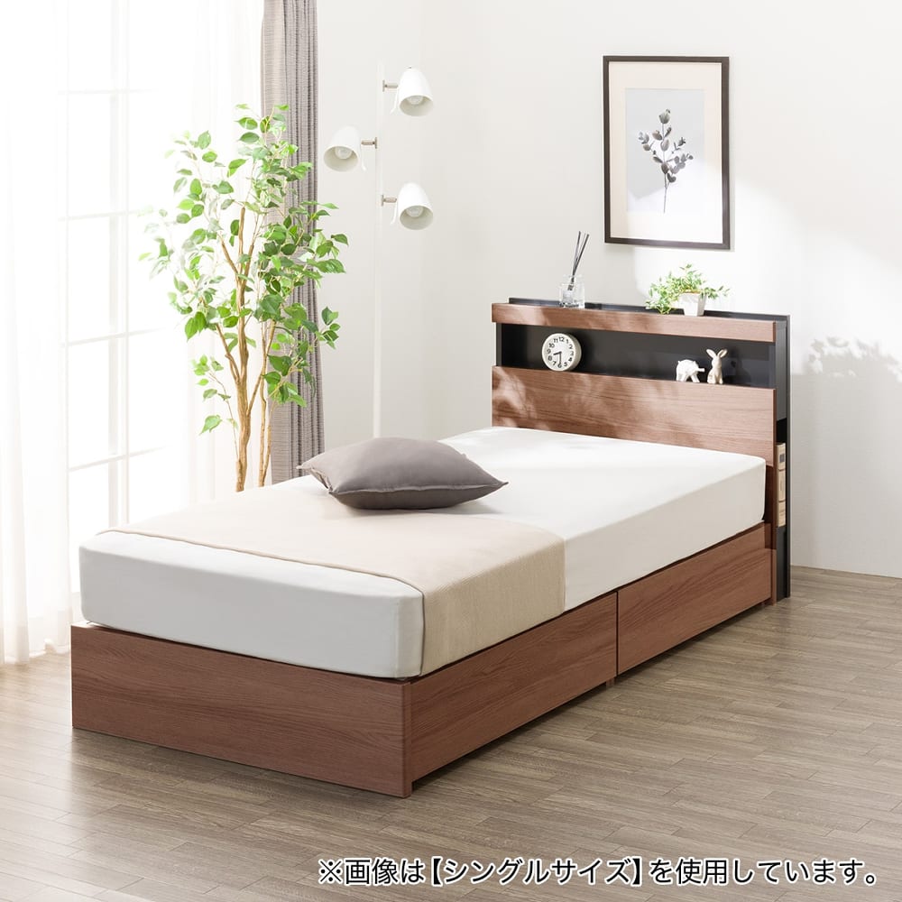クイーン 棚・ 収納付きベッドフレーム(NS005 浅型 床板 MBR) <N>※マットレス別売(クイーン　ミドルブラウン): ベッド [2]