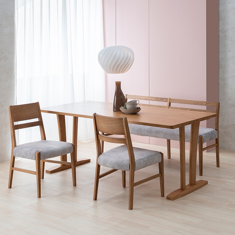ダイニング4点セット（if NEST）SAMANTHA NEO2 180TOP OAK+SAMANTHA NEO2 2LEGS OAK+Dチェア FIGARO4 OAK/IV*2＋チェアカバー FIGARO4 MELON LGY*2＋背付ベンチ VALENTIA4 145 OAK/IV＋背付ベンチカバー VALENTIA4 145セツキ MELON LGY【大型商品配送】 [3]