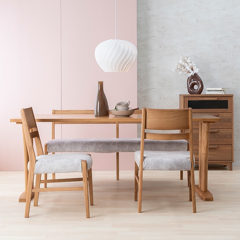 ダイニング4点セット（if NEST）SAMANTHA NEO2 180TOP OAK+SAMANTHA NEO2 2LEGS OAK+Dチェア FIGARO4 OAK/IV*2＋チェアカバー FIGARO4 MELON LGY*2＋背付ベンチ VALENTIA4 145 OAK/IV＋背付ベンチカバー VALENTIA4 145セツキ MELON LGY【大型商品配送】 [2]