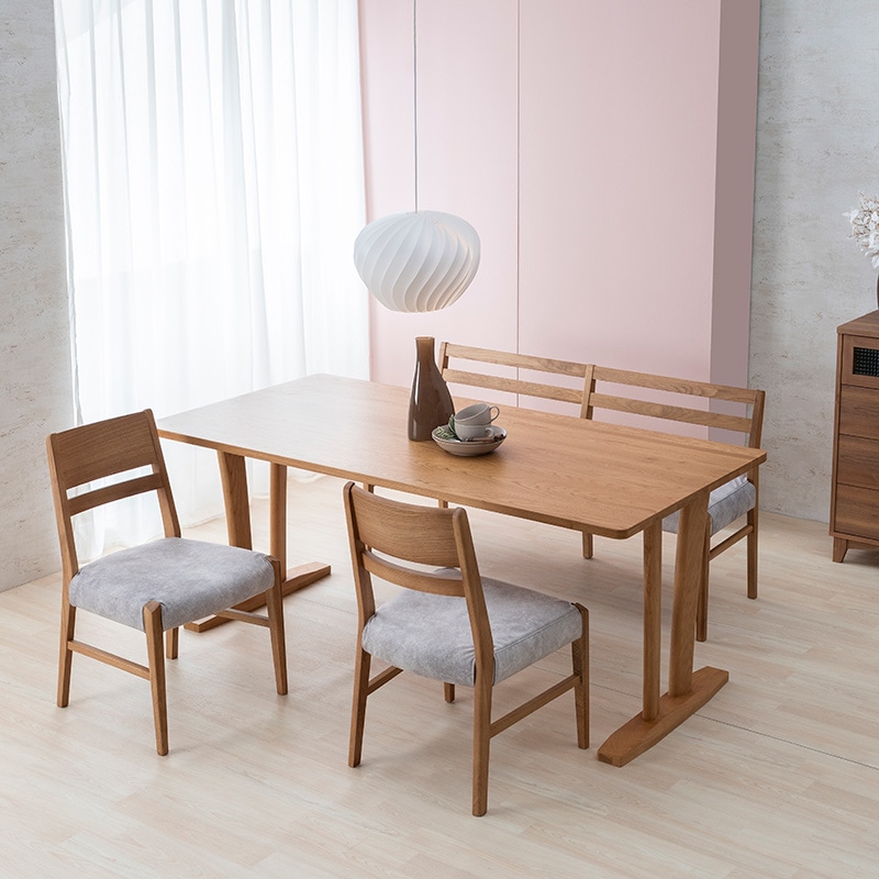 ダイニング4点セット（if NEST）SAMANTHA NEO2 180TOP OAK+SAMANTHA NEO2 2LEGS OAK+Dチェア FIGARO4 OAK/IV*2＋チェアカバー FIGARO4 MELON LGY*2＋背付ベンチ VALENTIA4 145 OAK/IV＋背付ベンチカバー VALENTIA4 145セツキ MELON LGY【大型商品配送】 [5]